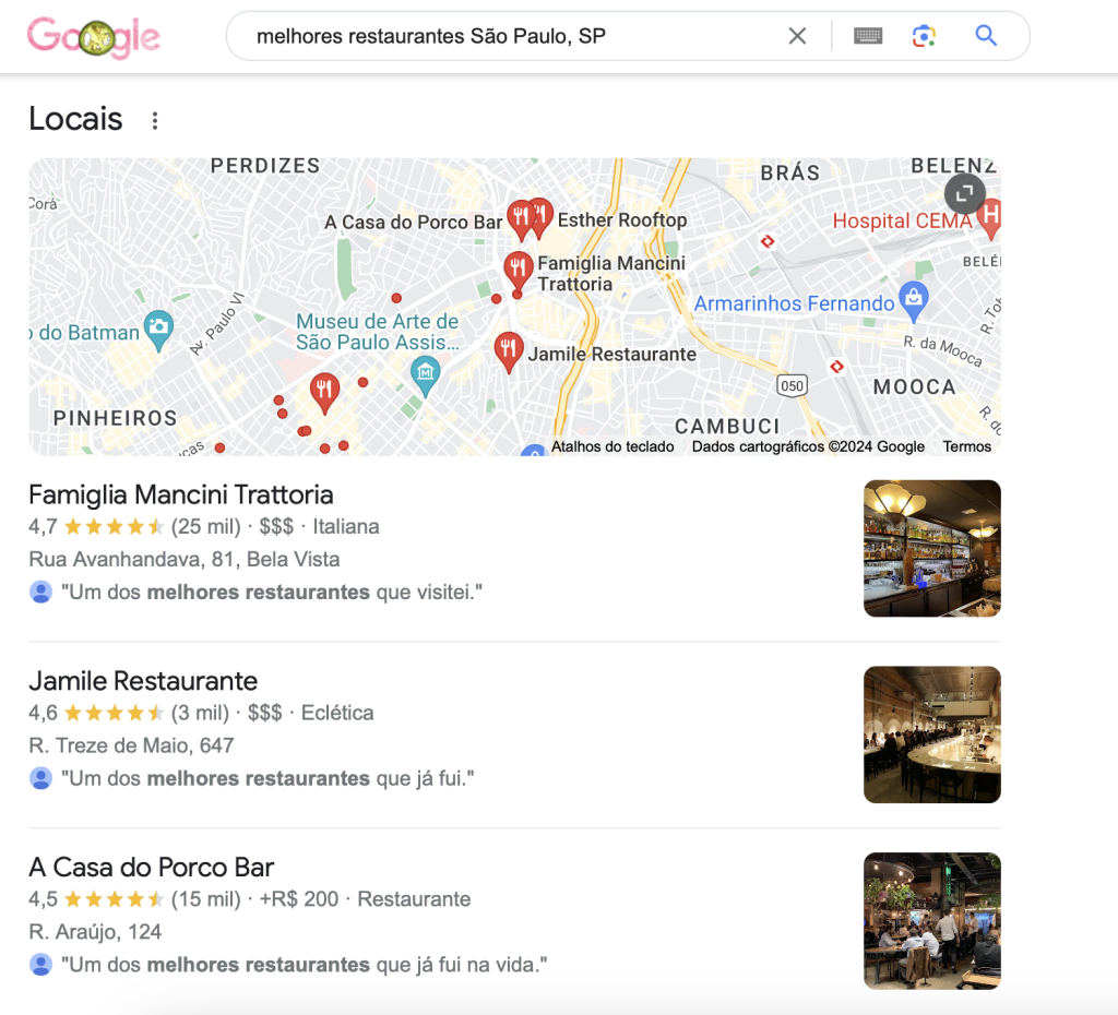 exemplo de seo local com resultados de pesquisa de "melhores restaurantes em São Paulo" no google