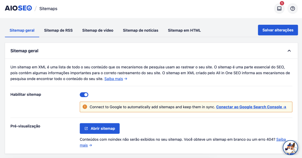 tela de sitemap do plugin aioseo para wordpress