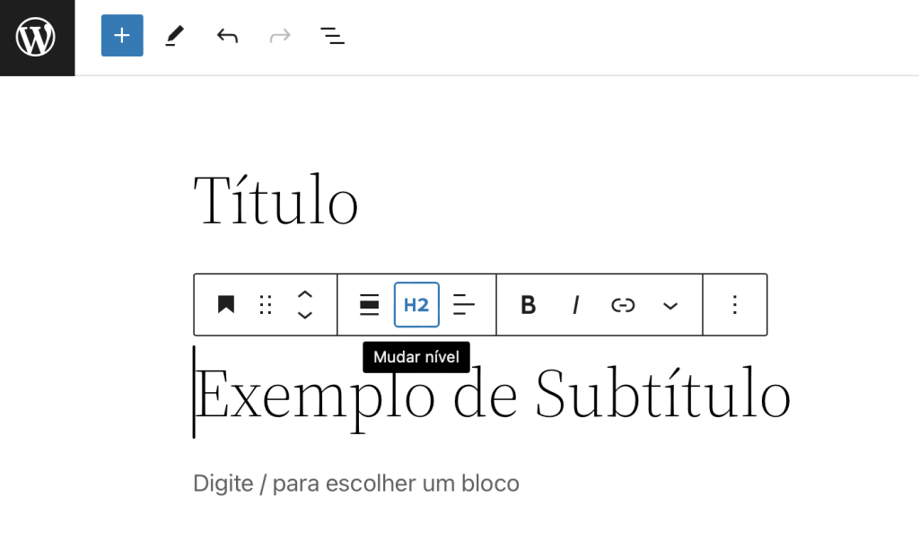 editor de blocos Gutenberg do wordpress com edição de títulos h1 e h2