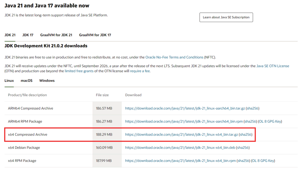 baixando os arquivos do java no site da oracle