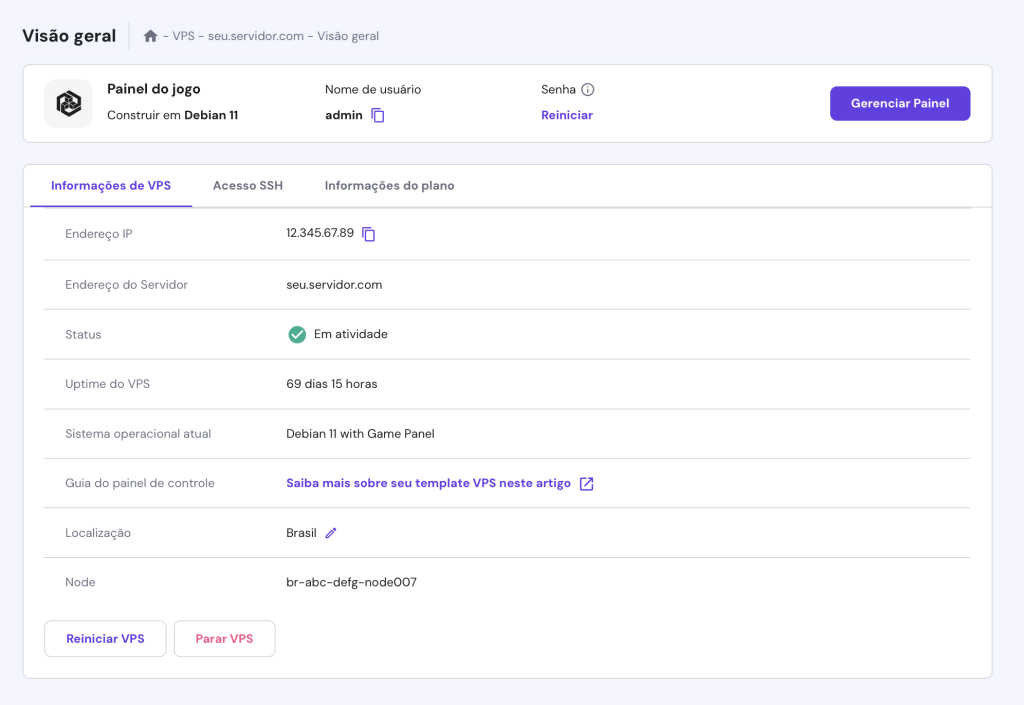 visão geral de plano game panel com Debian 11 no hpanel e informações ssh