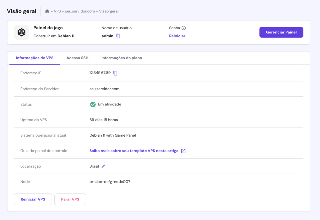 visão geral de plano game panel com Debian 11 no hpanel e informações ssh