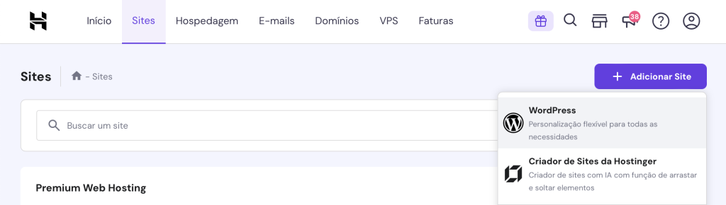 opção adicionar site na aba sites do hpanel