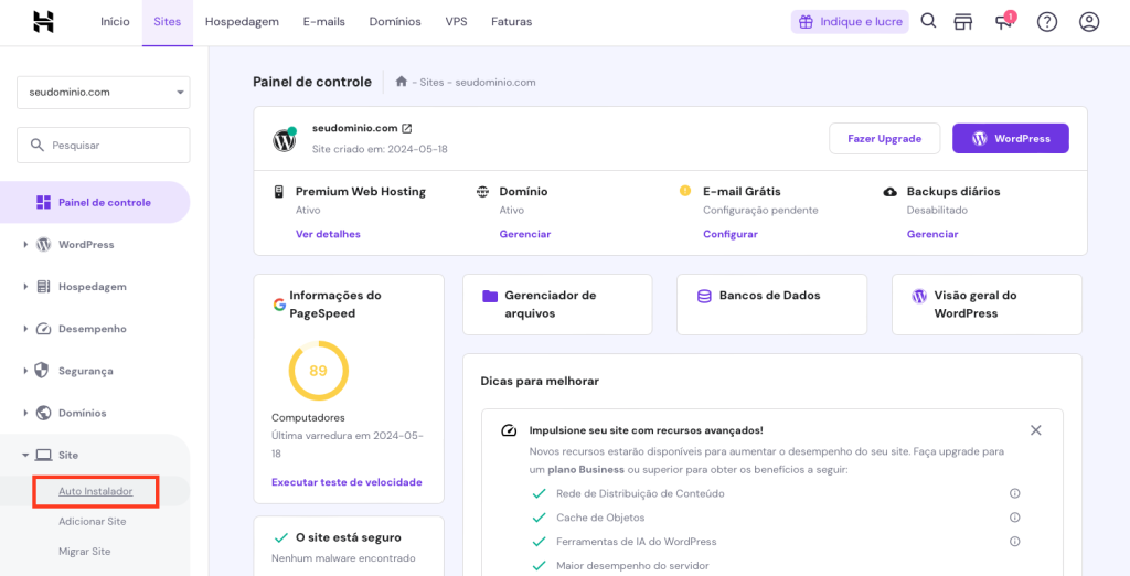 opção de auto instalador no menu sites do hpanel