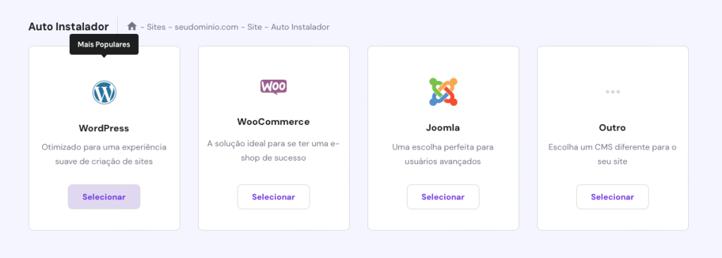 selecionando wordpress no auto instalador do hpanel