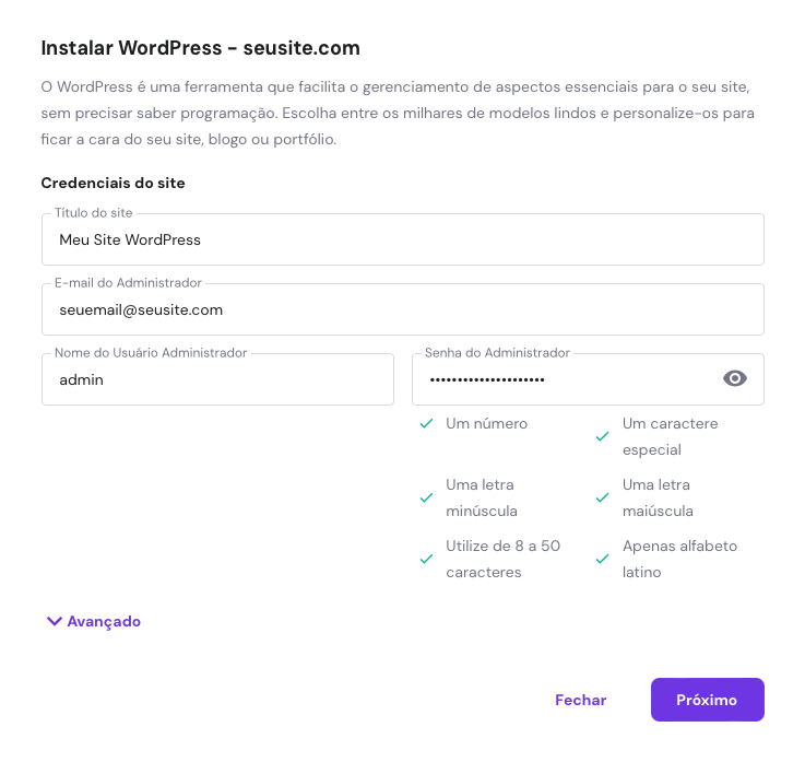 configurando credenciais do site wordpress no auto instalador do hpanel