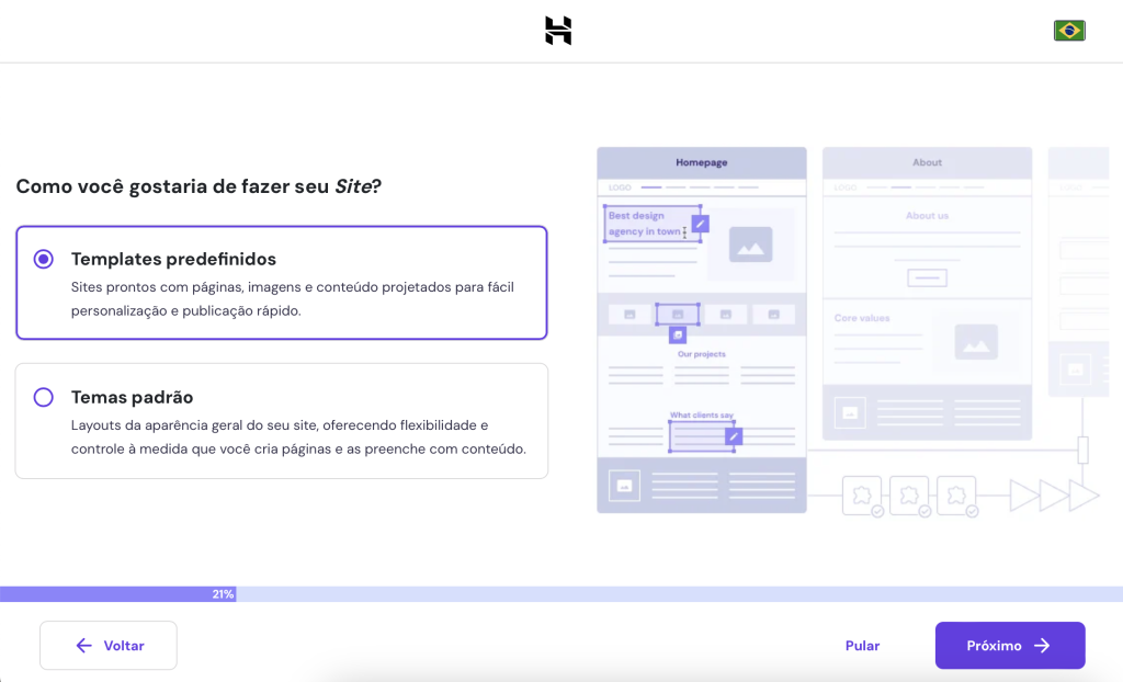 selecionando templates pré-definidos ou temas padrão na configuração de novo site no hpanel