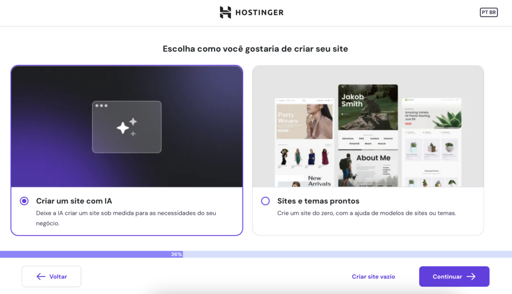 escolhendo o criador de site com ia para WordPress da hostinger ao configurar novo site no hpanel
