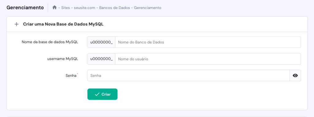 criando novo banco de dados mysql no hpanel