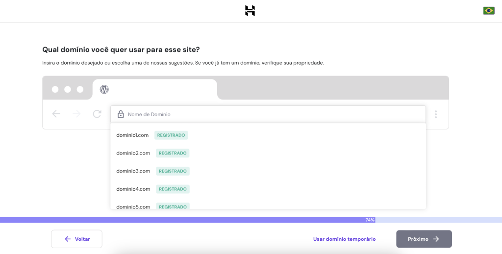 selecionando domínio no processo de configuração inicial do wordpress no hpanel