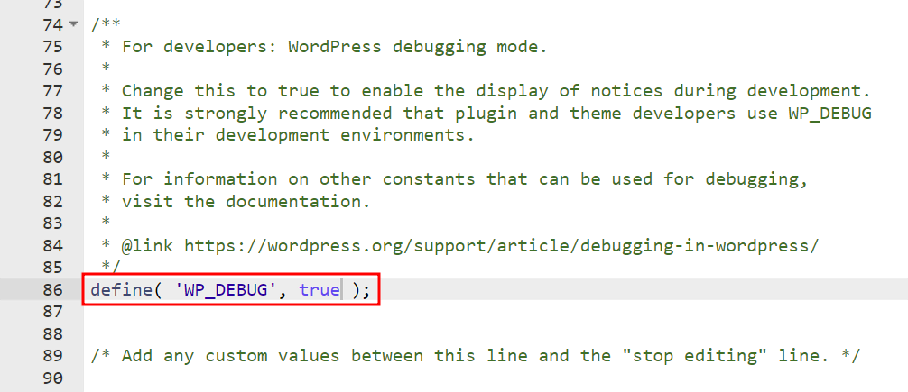 definindo wp_debug como true no arquivo wp-config.php do wordpress