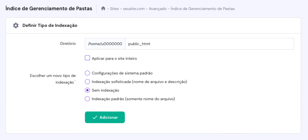 índice de gerenciamento de pastas no hpanel