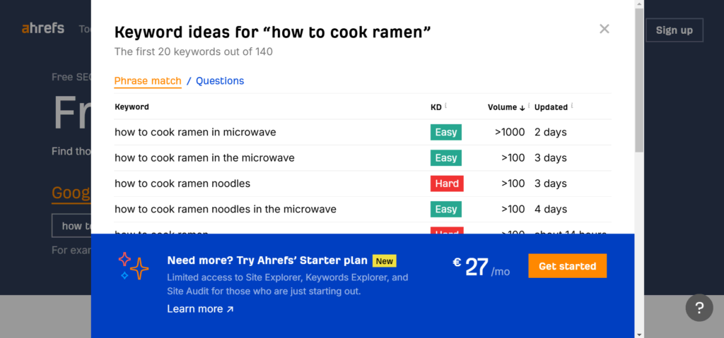 resultados do ahrefs keyword explorer para a palavra-chave "how to cook ramen"