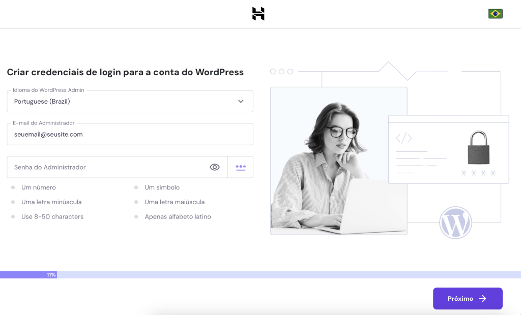 configurando wordpress na configuração de novo site no hpanel