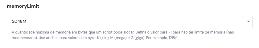 campo memorylimit nas configurações php do hpanel