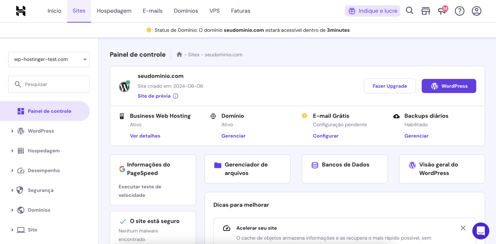 painel de controle de site wordpress no hpanel