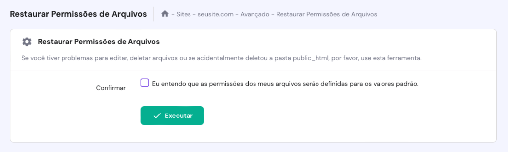 opção restaurar permissões de arquivos no hpanel