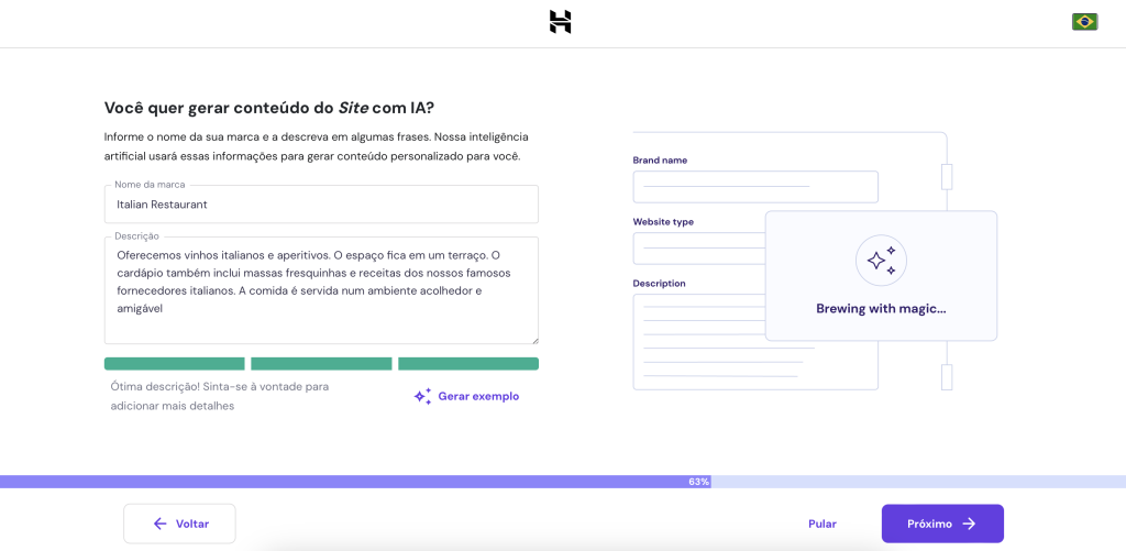 assistente de ia wordpress na configuração de novo site no hpanel