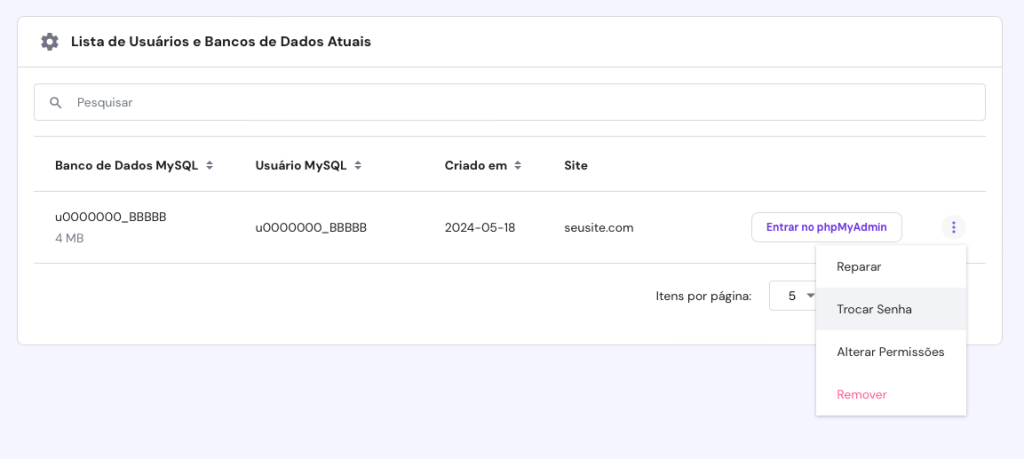 opção de trocar senha de banco de dados mysql no hpanel