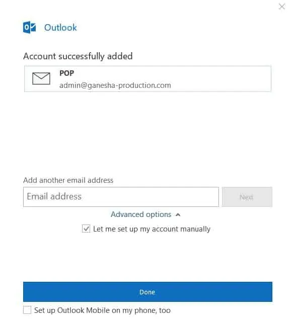 conta adicionada com sucesso no outlook 2016