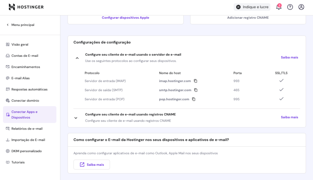 conferindo os protocolos imap, pop e smtp do email da hostinger no hpanel