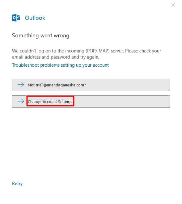 botão de mudar configurações de conta no Outlook 2016