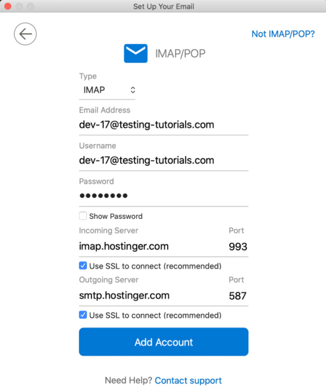 tela de configurações de imap no outlook