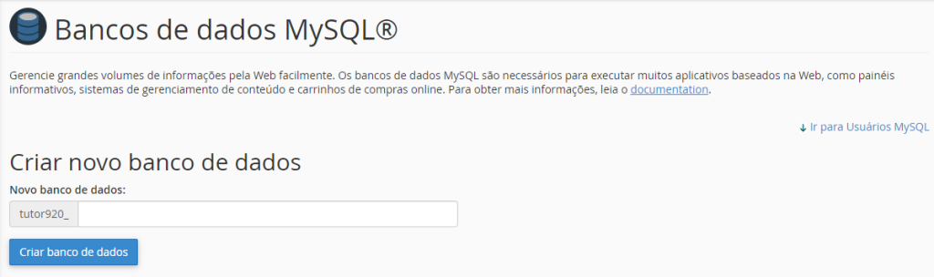 criando novo banco de dados no cpanel