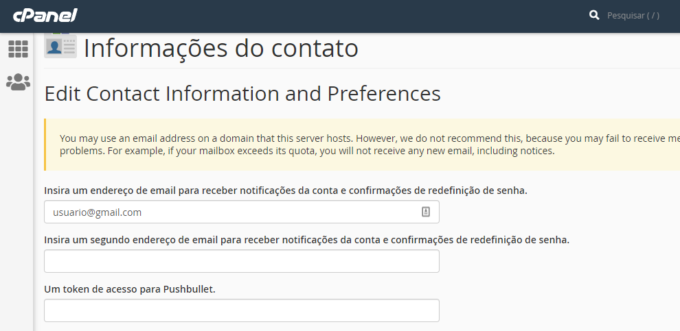 editando informações de contato no cpanel