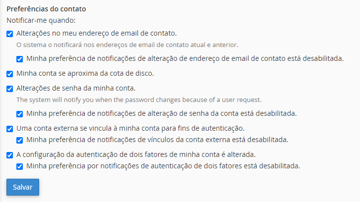 preferências de contato no cpanel