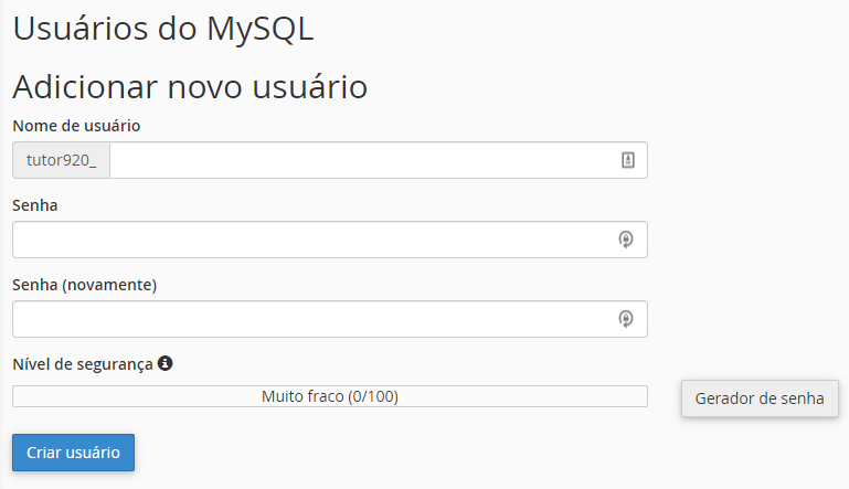 criando usuário mysql no cpanel