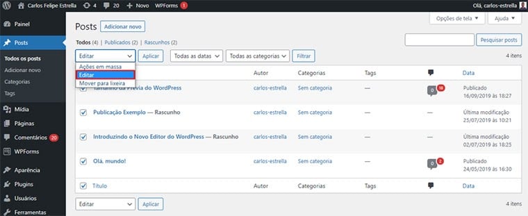 editar posts em massa no wordpress