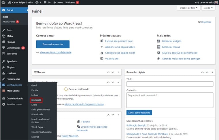 botão configurações - discussão no wordpress