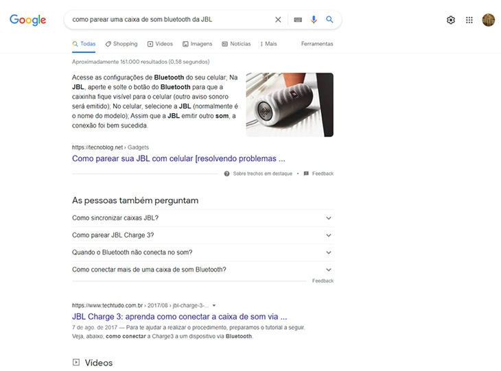 resultado da pesquisa como parear jbl no google