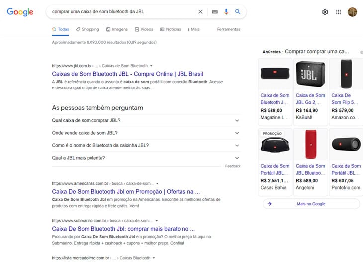 resultados da pesquisa comprar jbl no google