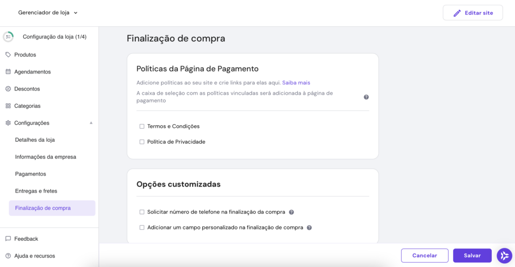 tela de finalização de compra no gerenciador de loja do criador de sites da hostinger