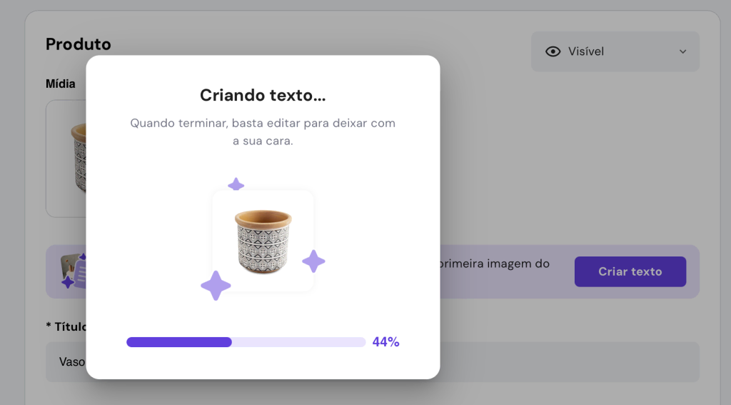 Escritor IA gerando texto de descrição para produto com base em sua imagem no Criador de Sites da Hostinger