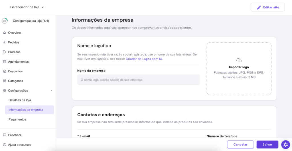 tela de informações da loja no gerenciador de loja do criador de sites da hostinger