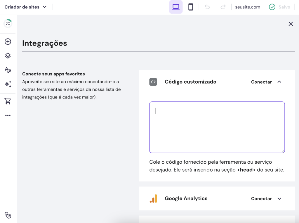 adicionando integração no criador de sites da hostinger