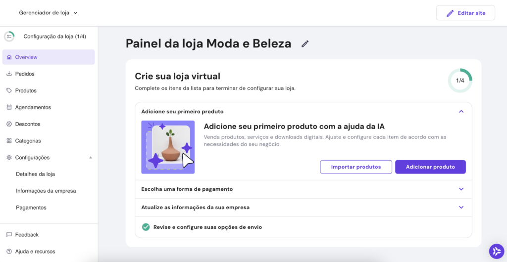 painel (overview) do gerenciador de loja virtual no criador de sites da hostinger