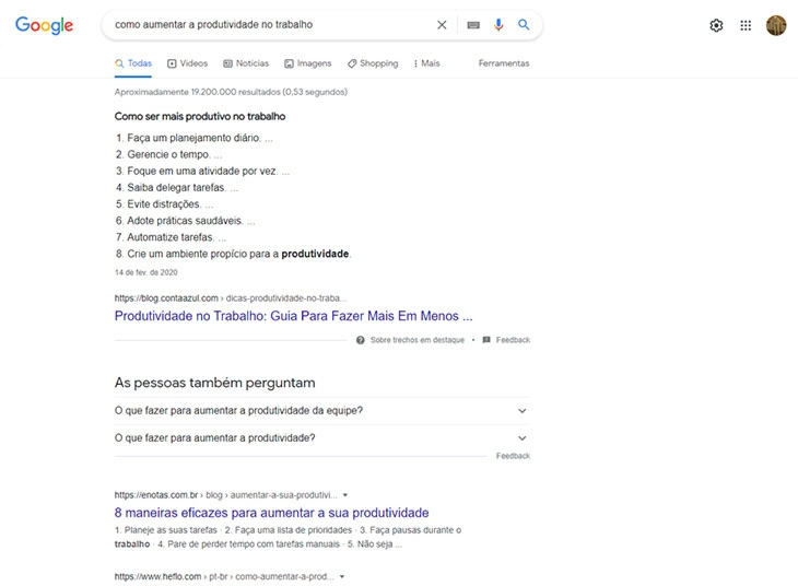 resultado da pesquisa sobre produtividade no trabalho no Google