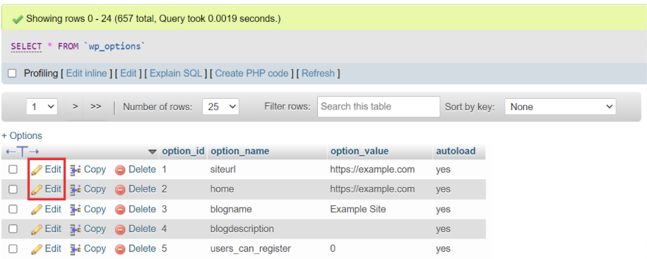 editando a tabela wp_options no phpmyadmin