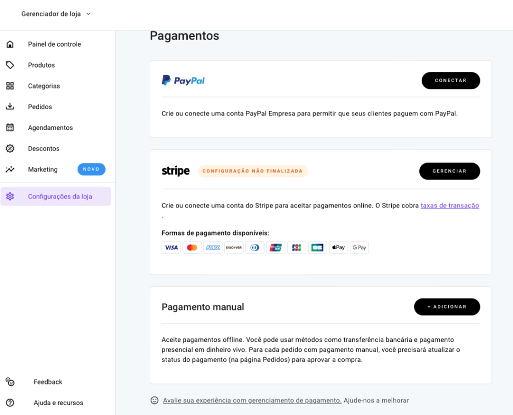 área de configuração de pagamentos no gerenciador de loja virtual do criador de sites da hostinger