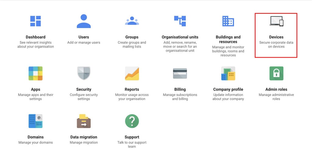 painel do google admin console com opção "dispositivos" em destaque