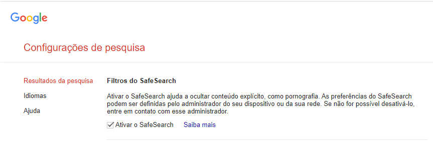 ativando filtro safesearch no google