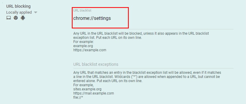 bloqueando urls no google admin console