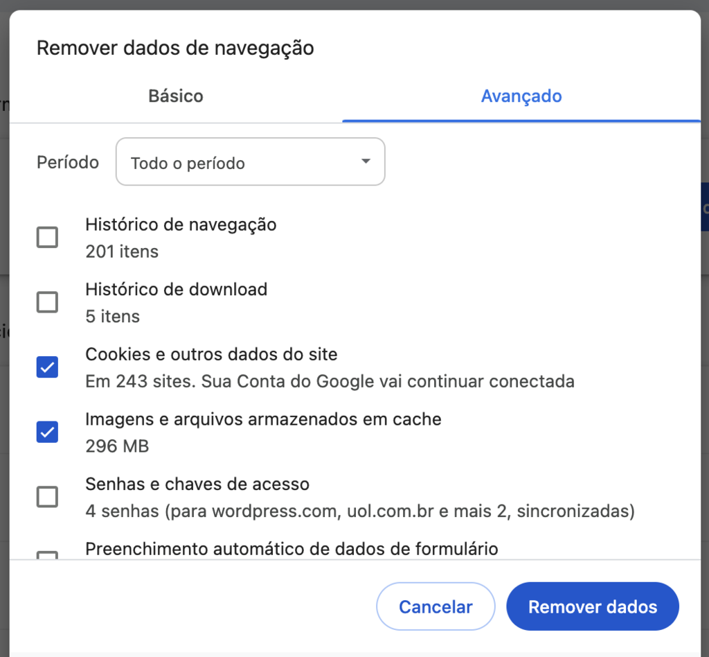 limpando dados de navegação no chrome