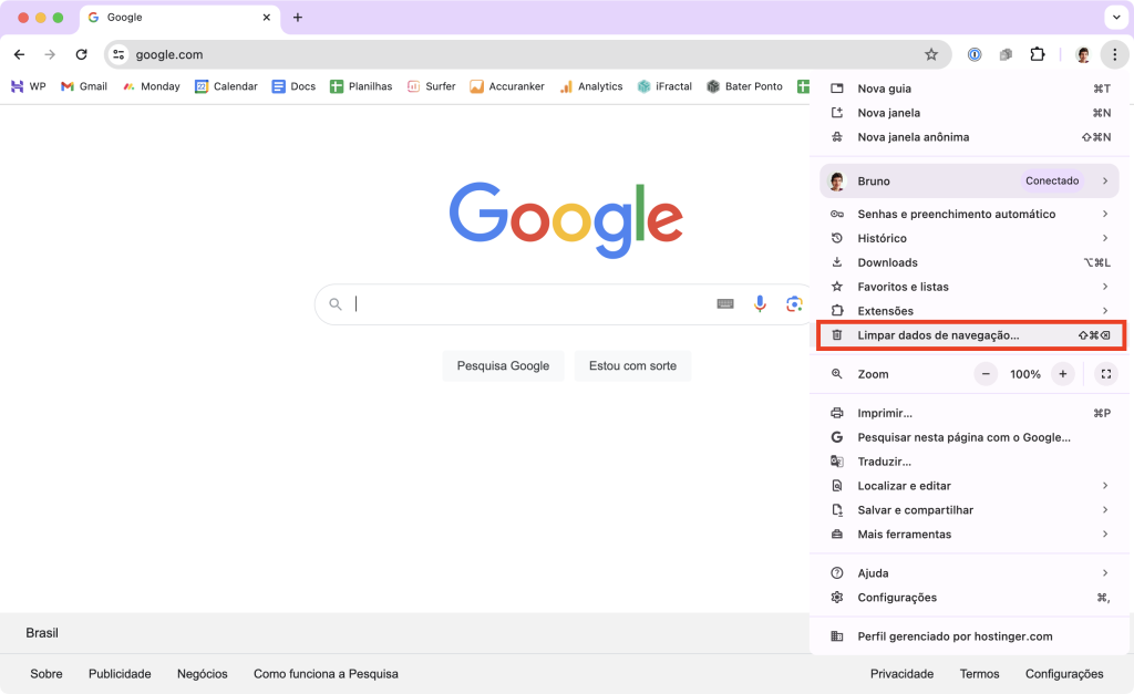 janela do navegador chrome com o menu contextual aberto e a opção "limpar dados de navegação" em destaque