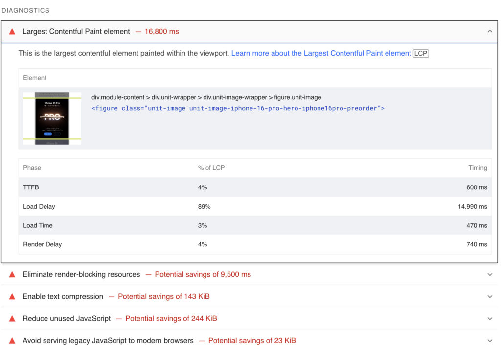 seção de diagnósticos no pagespeed insights