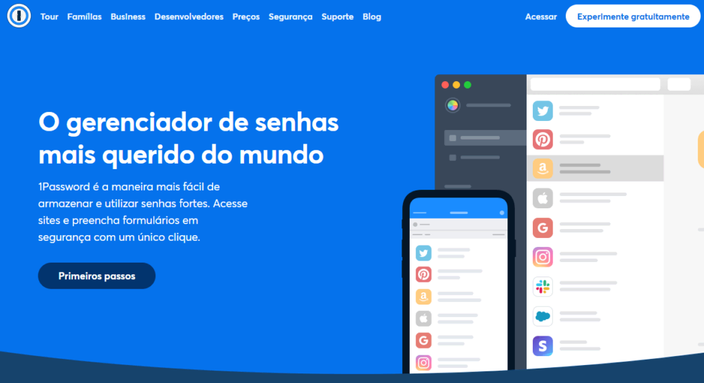 Página inicial do gerenciador de senhas 1Password